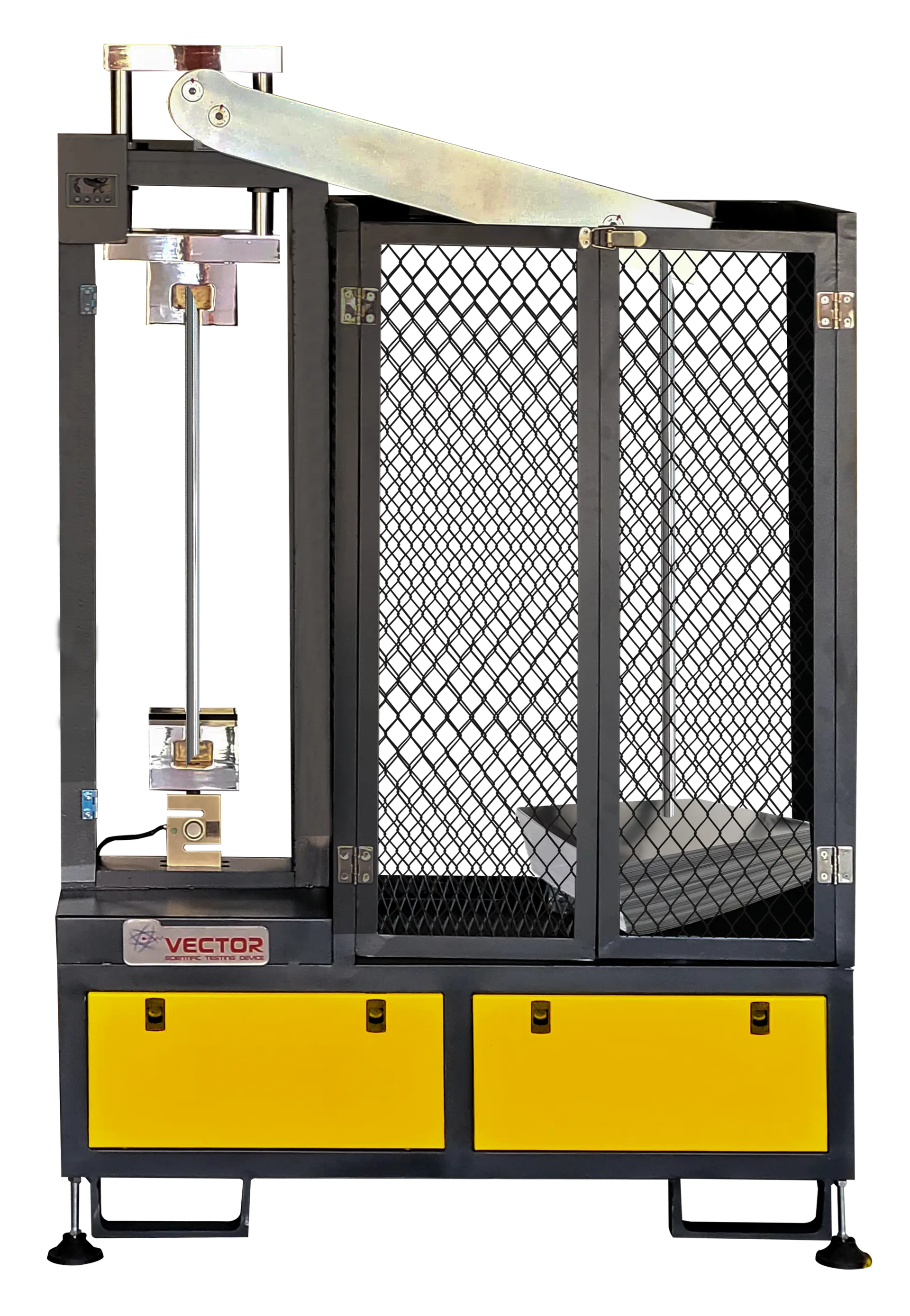 Vector VTR-13-050 creep testing machine — floor-standing dead-weight lever arm with safety enclosure