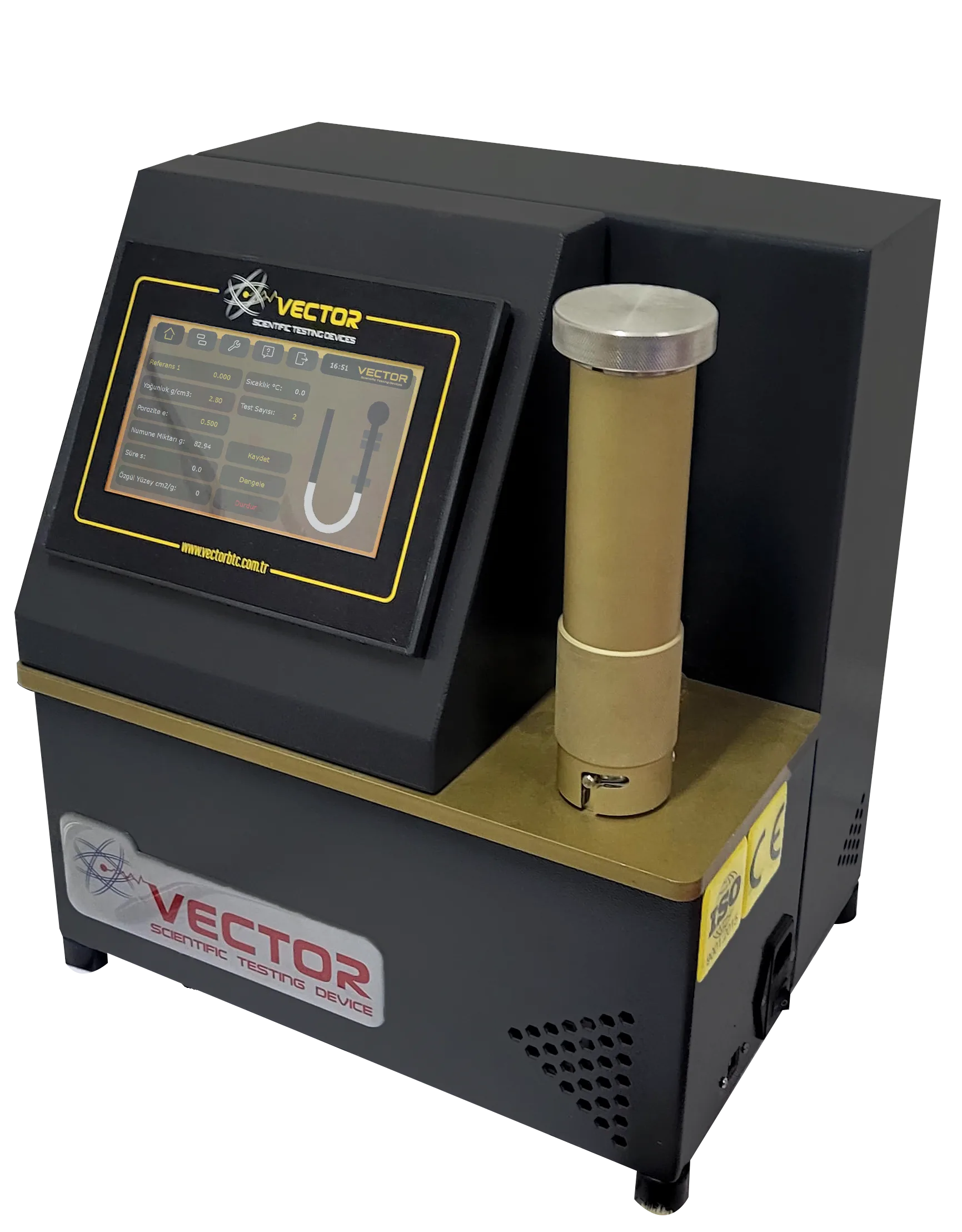Vector VTR-1016 automatic Blaine — touchscreen interface and permeability cell