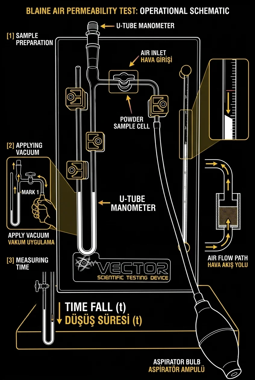 Manual Blaine air permeability test operational schematic — sample preparation, vacuum, and timed manometer fall