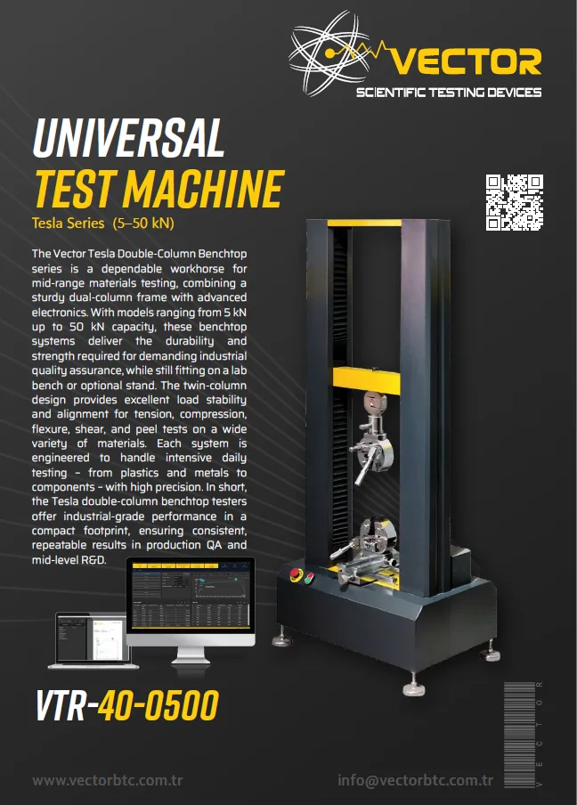 Vector Tesla Series 5–50 kN dual-column universal testing machine — brochure cover