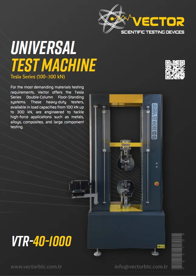 Vector Tesla Series 100–300 kN dual-column universal testing machine — brochure cover