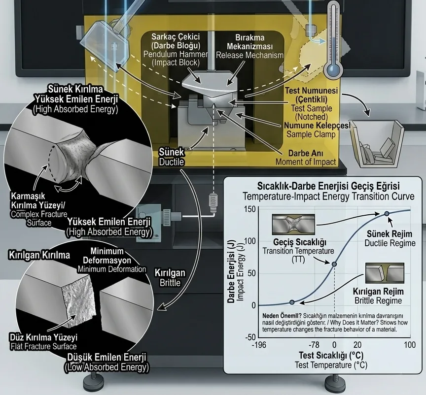 Charpy impact test infographic — ductile vs brittle fracture, test apparatus, and temperature–energy transition curve