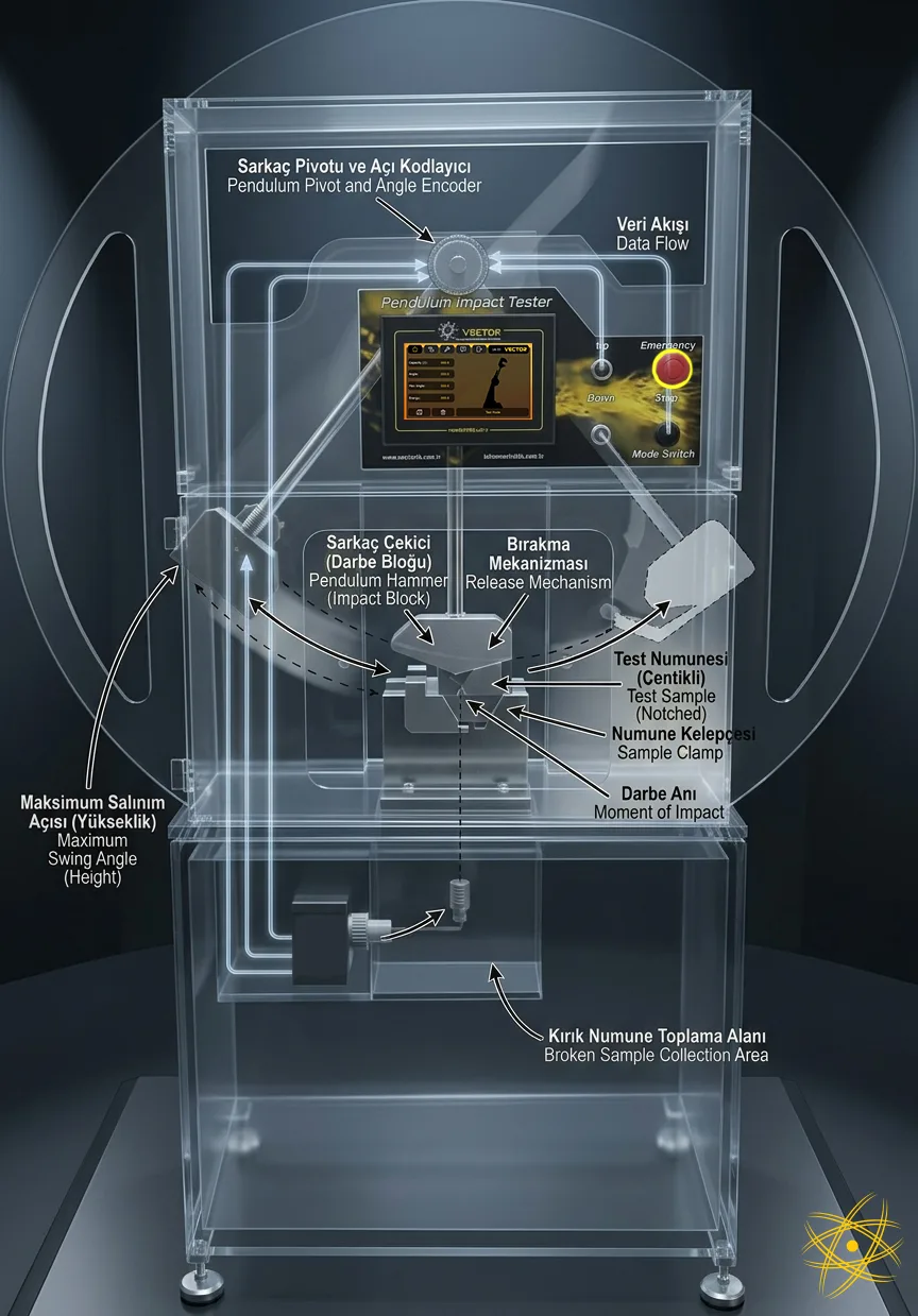 Vector flagship Charpy impact test line — labelled schematic of pendulum, specimen clamp, control panel, and data flow