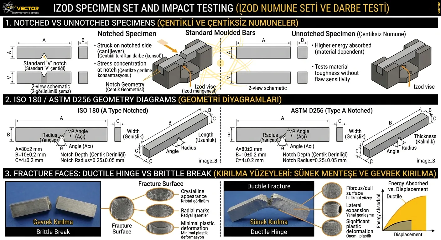 Izod specimen set — notched vs unnotched bars, ISO 180 and ASTM D256 geometry, ductile hinge vs brittle fracture