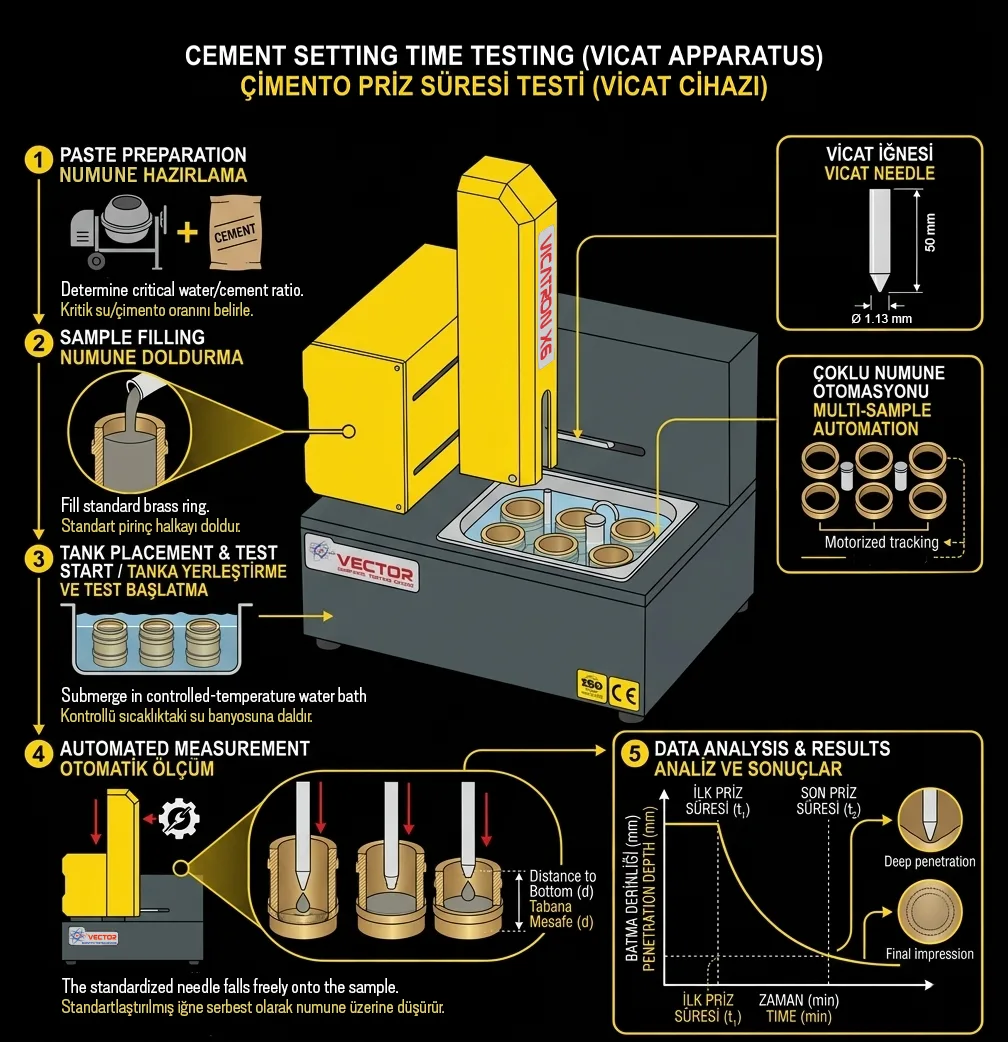 Cement setting time testing workflow — from paste preparation to automated measurement