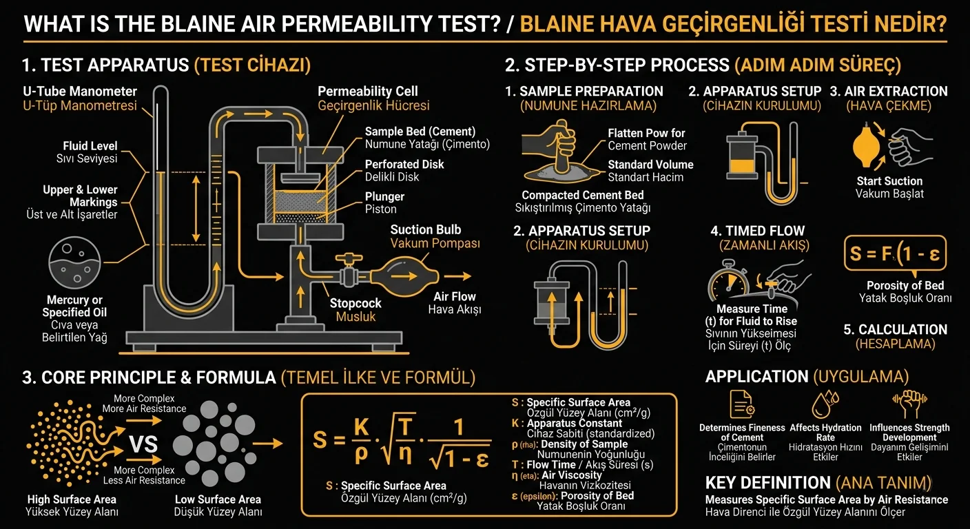 Infographic: Blaine air permeability test — apparatus, step-by-step process, and formula
